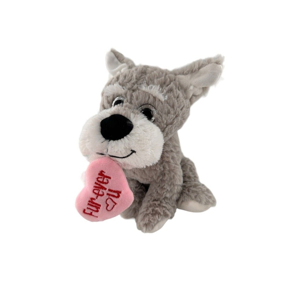 Gray Plush Dog Stuffed Animal Holding‎ Pink Heart "Fur-Ever You" By Homerbest